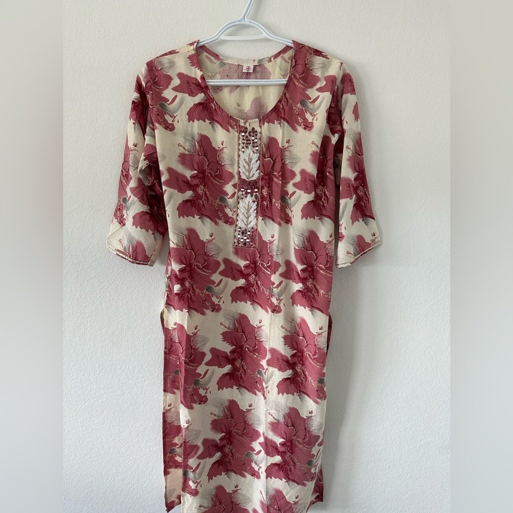 NWOT Indian Women Pink Floral Mirror Work Cotton Kurti 2XL